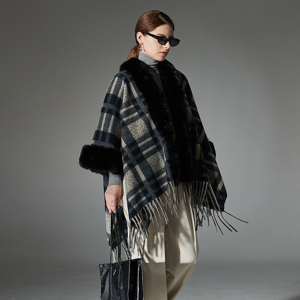 Eloria Tassel-Trim Fur Collar Shawl