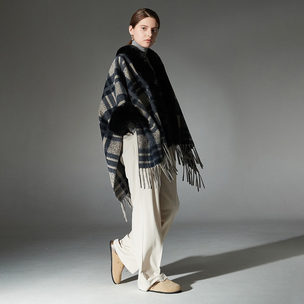 Eloria Tassel-Trim Fur Collar Shawl